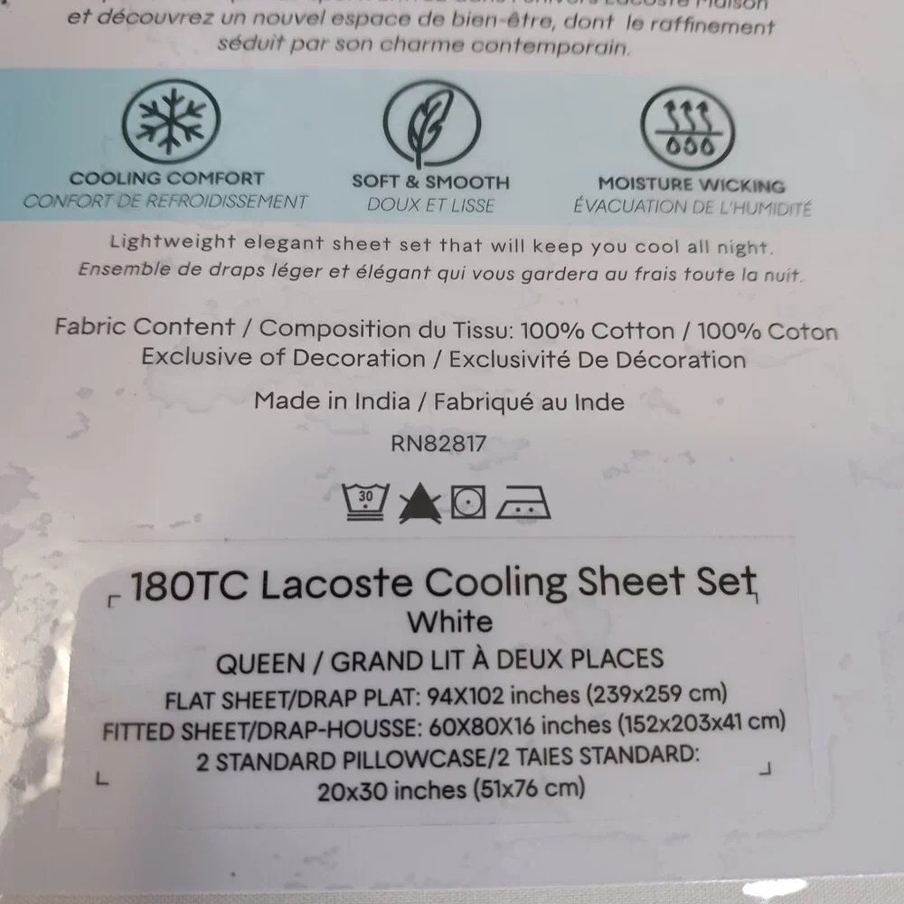 Lacoste Sheet Set White 4pcs Cooling Solid 100% Cotton size Queen